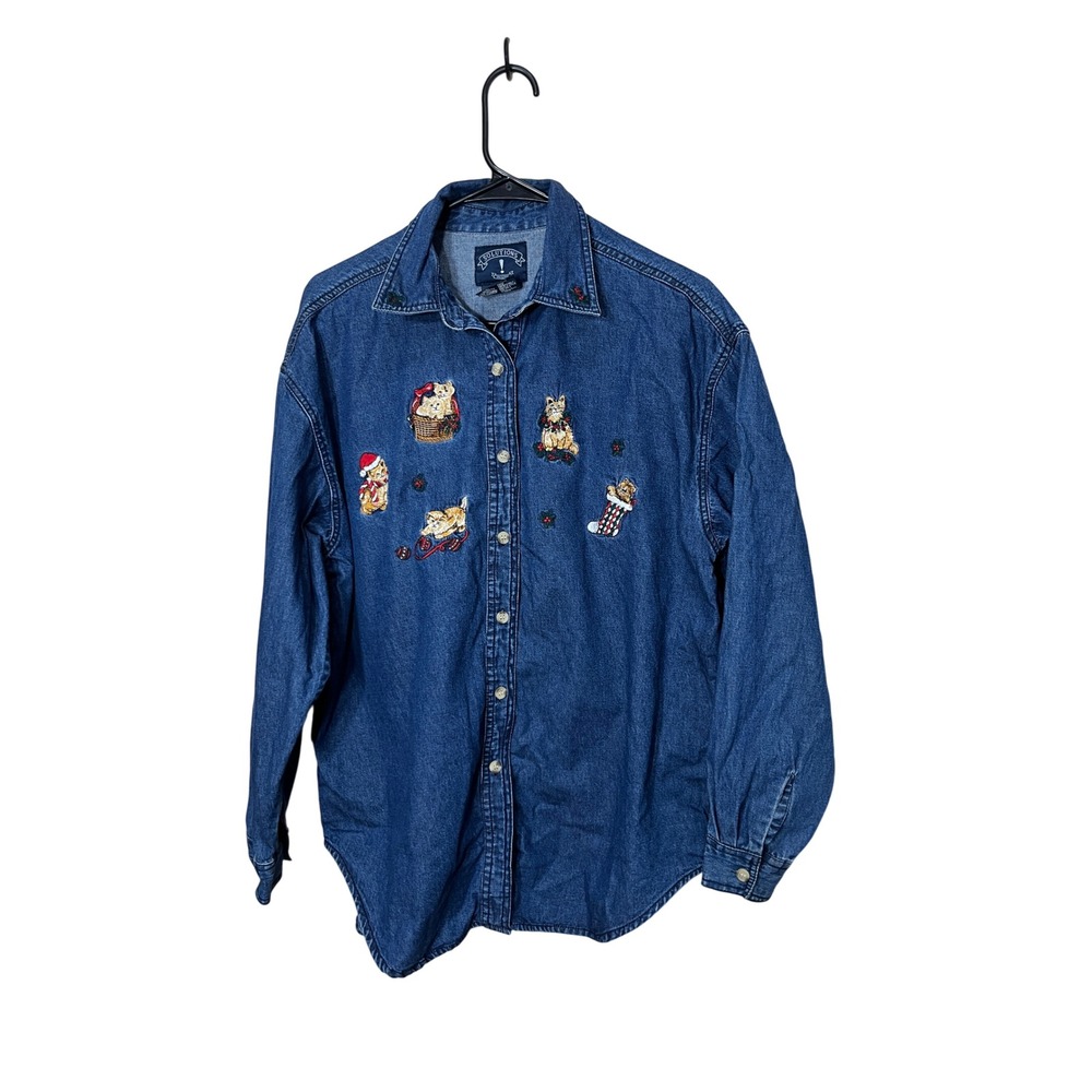 Vintage SOLUTIONS Denim Button Up‎ Shirt Christmas Cats Embroidered Medium